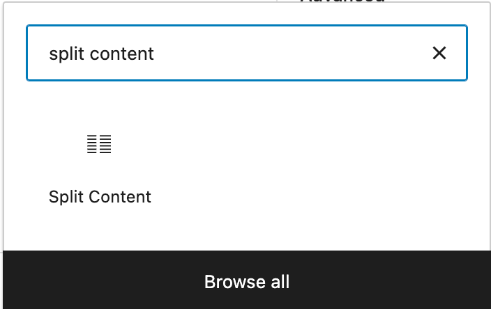 Split Content block icon in the WordPress block inserter.